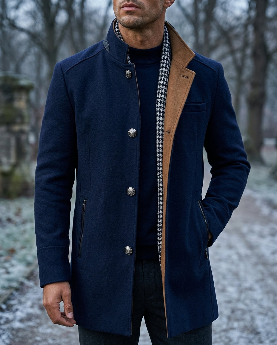 Navy mens wool coat showing lapels and button front