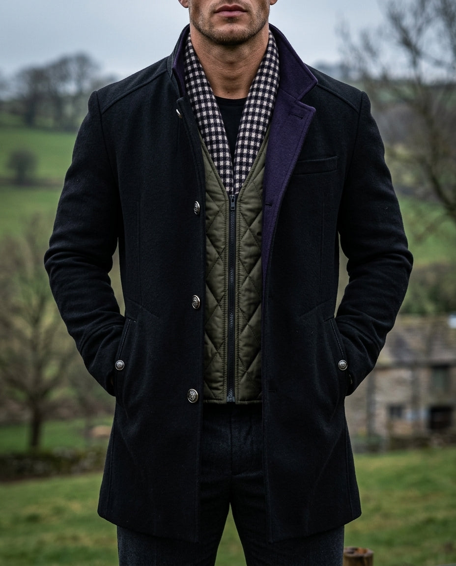Black mens winter wool coat, side view showing the tailored fit