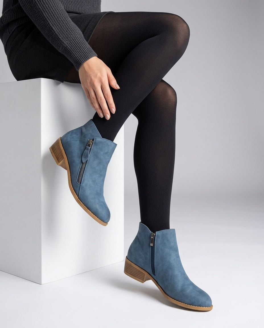 Grooved outsole and low block heel on womens ankle boots