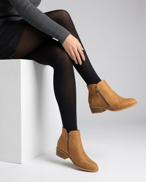 Block heel ankle boots for women in brown, side profile