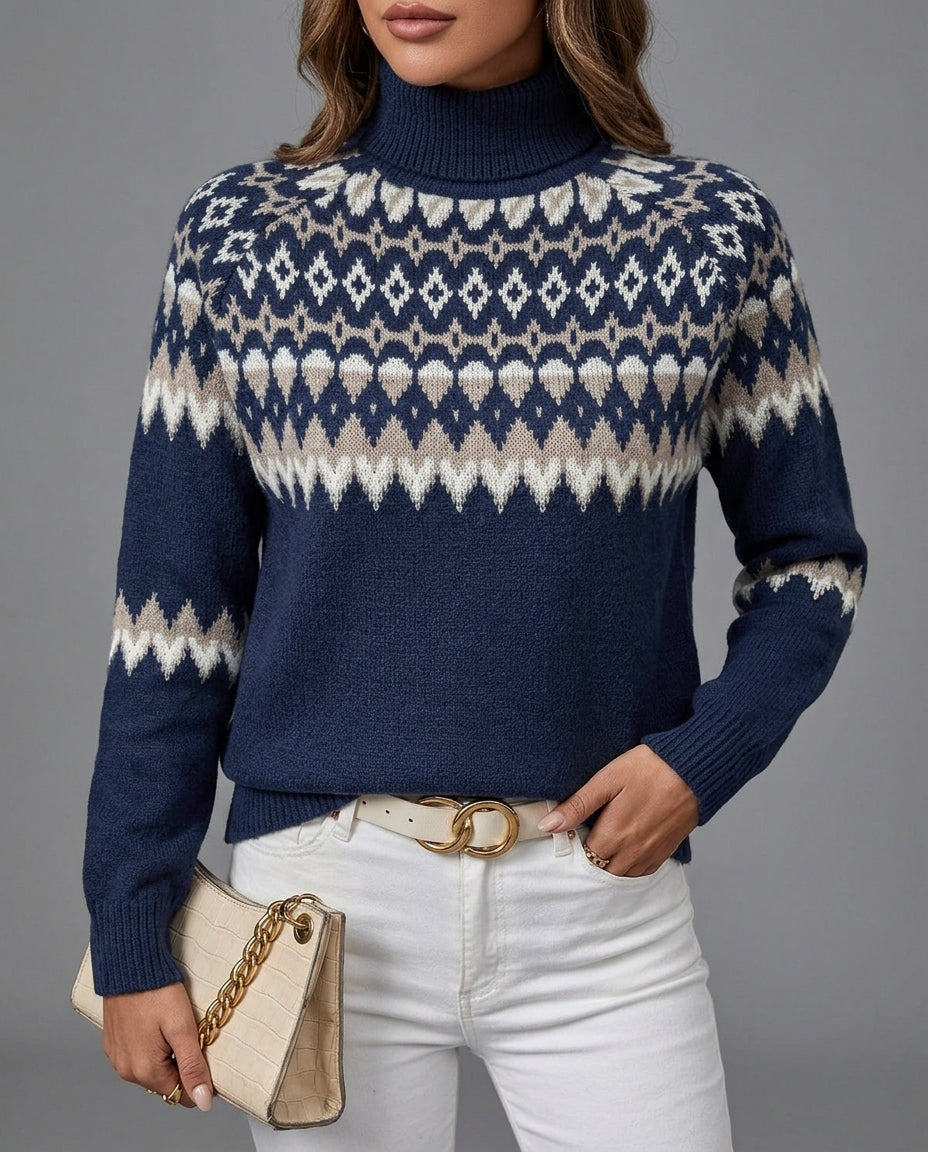 Navy blue fair isle turtleneck sweater for women showing the patterned knit and collar