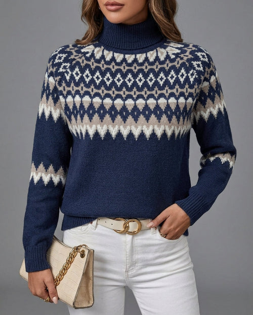 Navy blue fair isle turtleneck sweater for women showing the patterned knit and collar