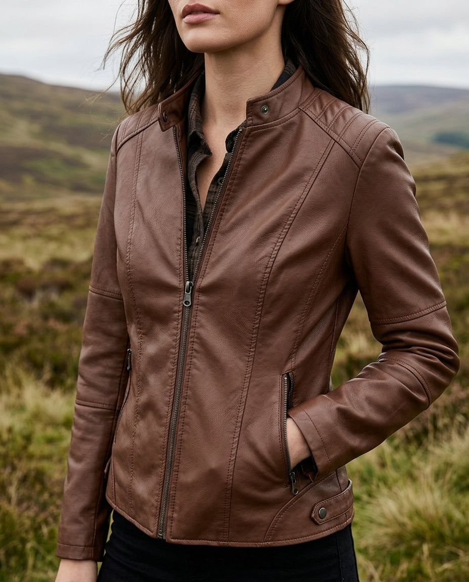 Black faux leather moto jacket for women worn with high-rise jeans