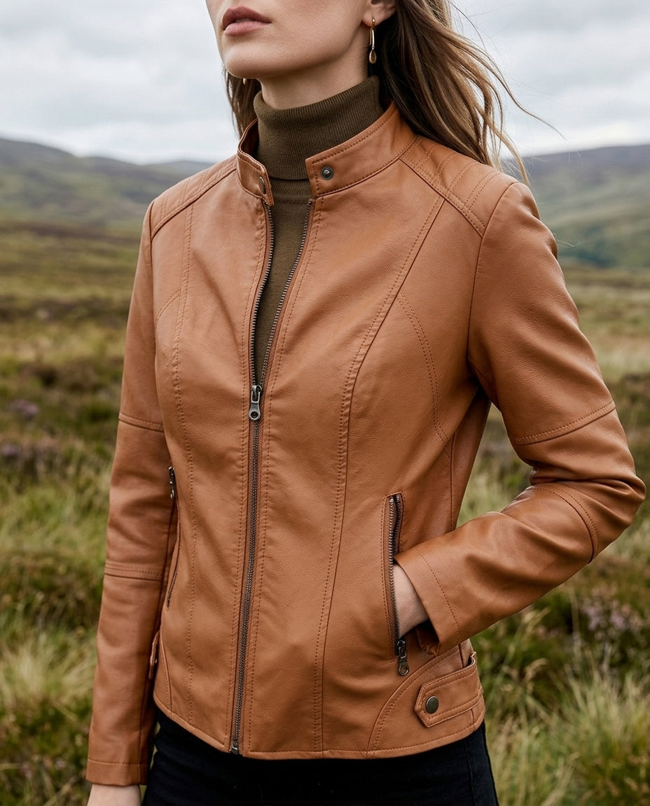 Cropped faux leather moto jacket for women in cognac, front view