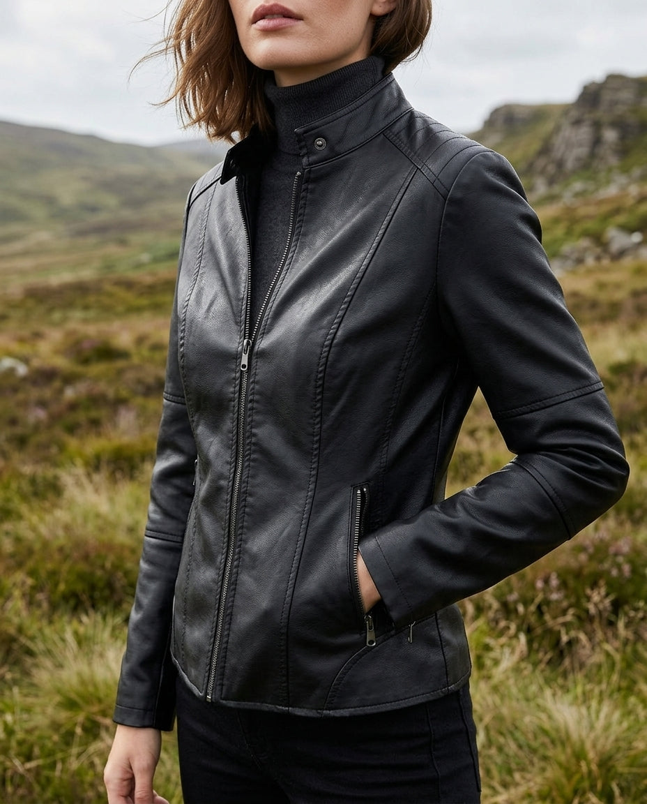 Cropped faux leather moto jacket for women, back view showing the short cut