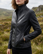 Cropped faux leather moto jacket for women, back view showing the short cut