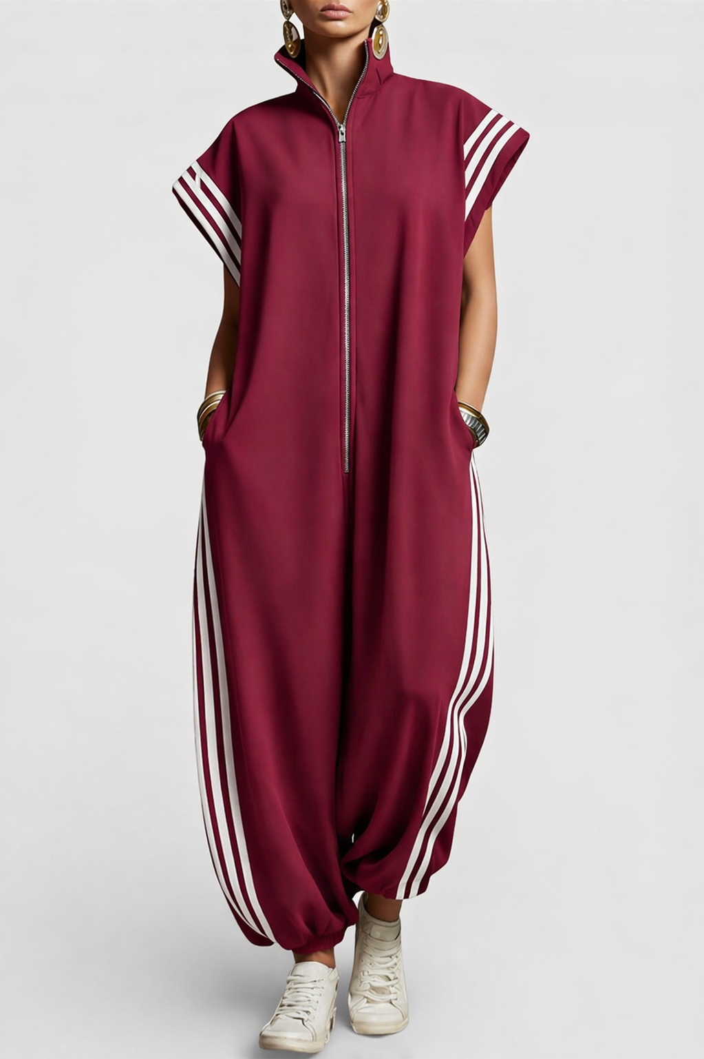 Sleeveless zip neck jumpsuit — back view on model