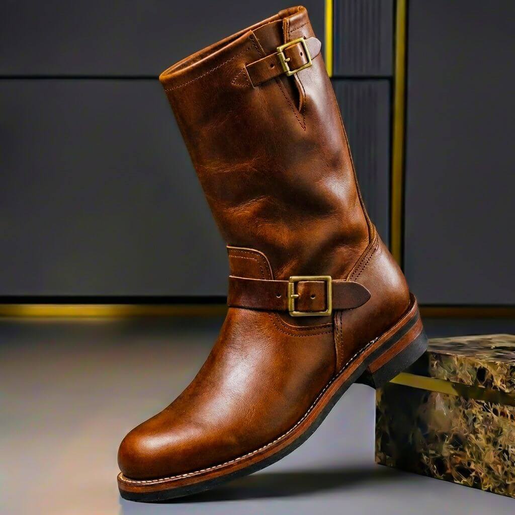Men's zip up leather boots in cognac brown, side view