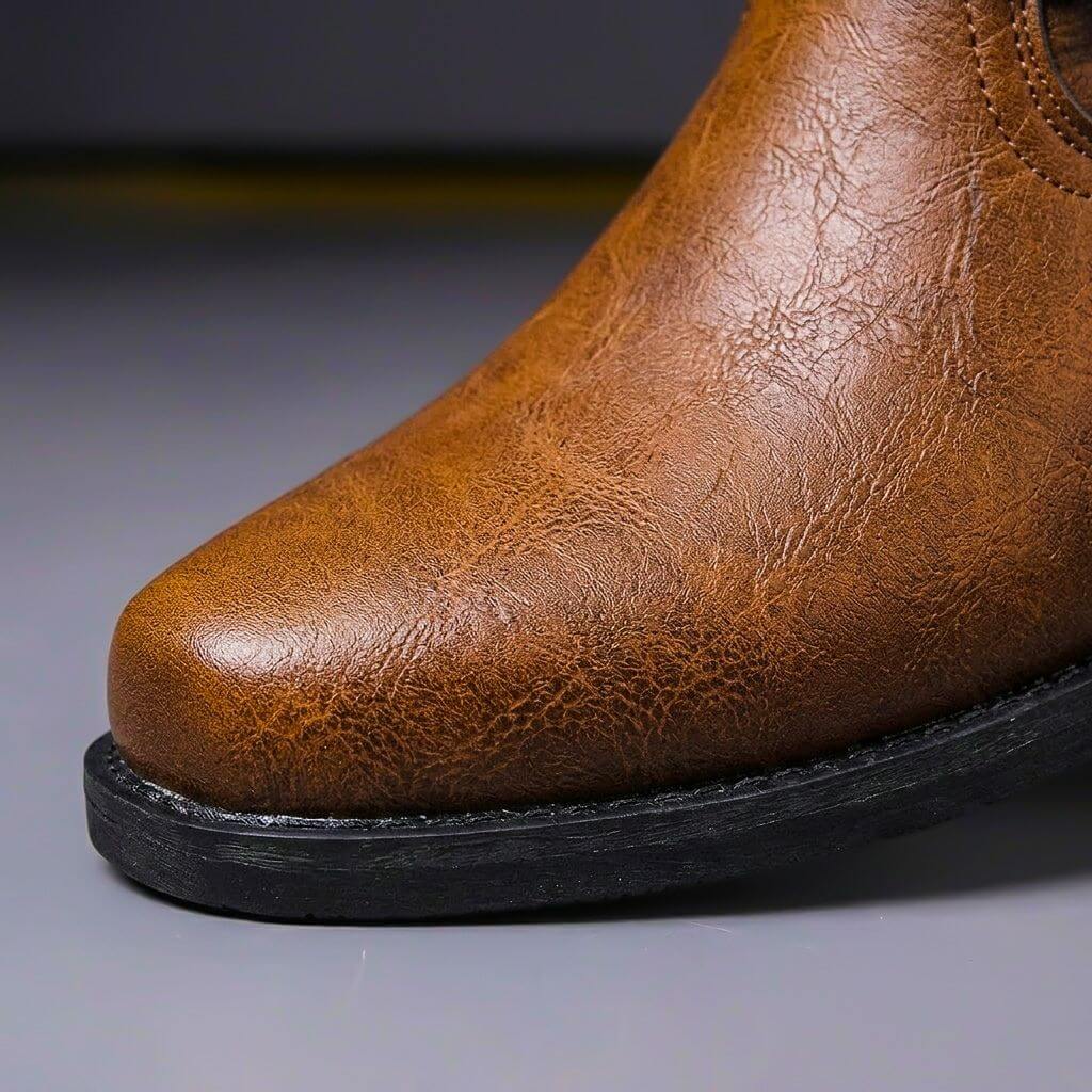 Close-up of the polished metal eyelets and leather stitching