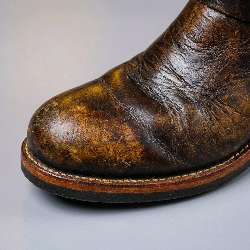 Detail of the aged leather grain and slip-resistant grip outsole