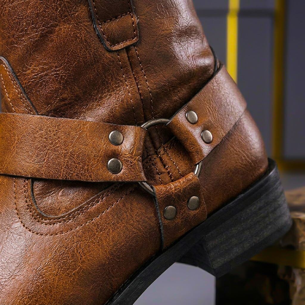 Detail of the slip-resistant grip outsole on the leather boot