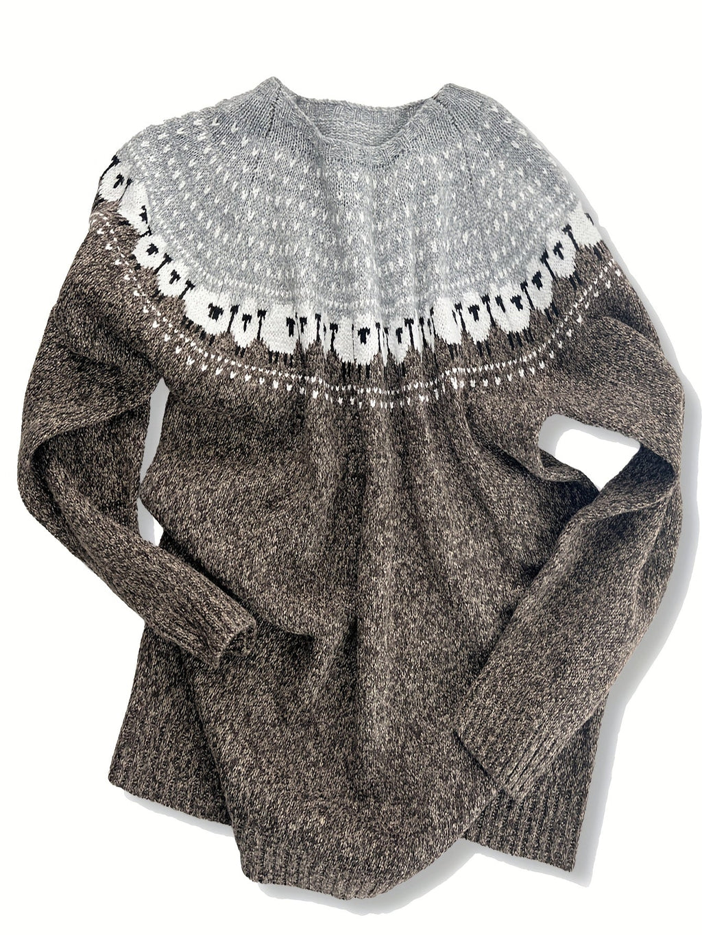 Nordic sheep sweater showing the flowing cut through the body