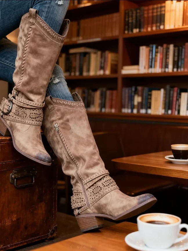Knee high boots with zipper — back view of the shaft and heel