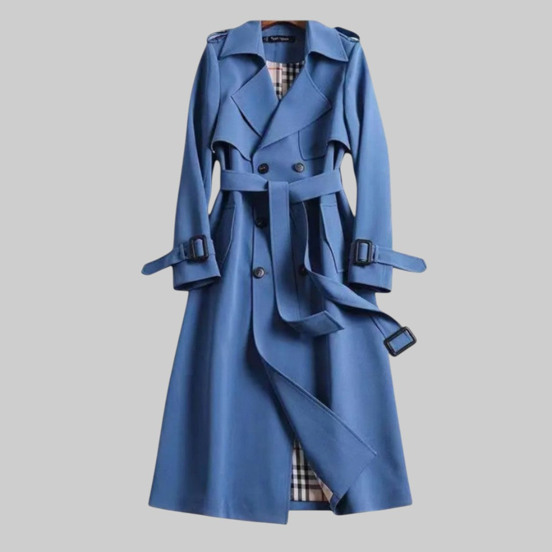 Belted trench coat — close-up of the fabric and stitching