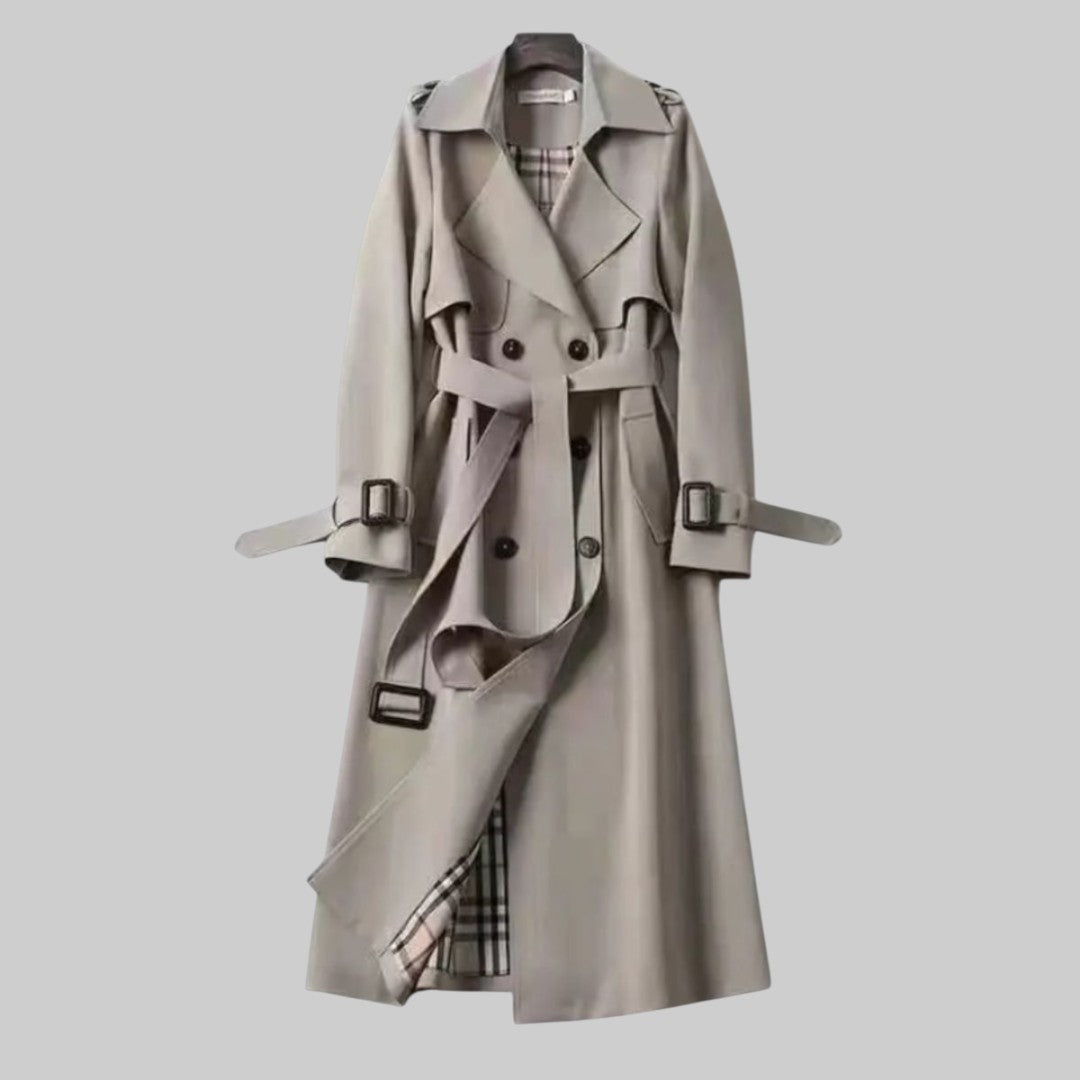 Belted trench coat — full-length view on model