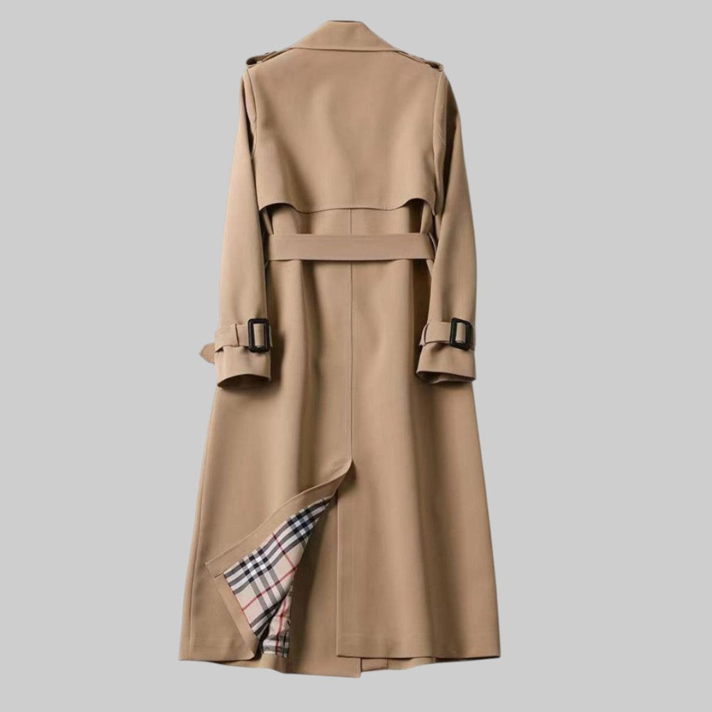 Belted trench coat — side view on model
