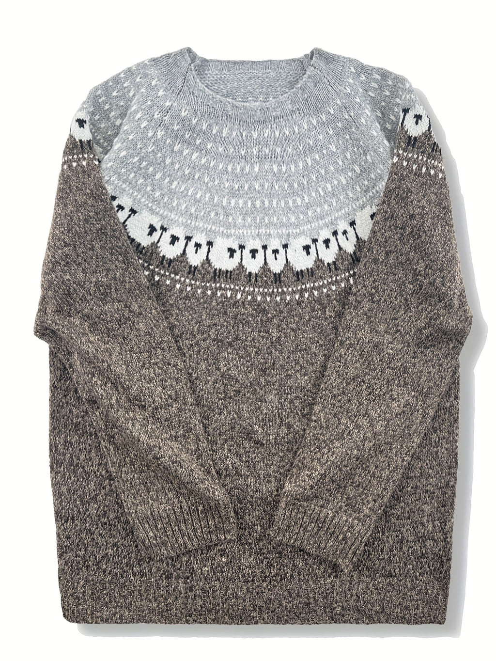 Close-up of the sheep jacquard motif knitted into the gray sweater