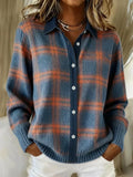 Checkered longline cardigan in blue and orange, front view