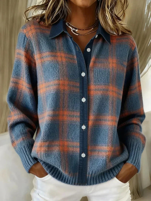 Checkered longline cardigan in blue and orange, front view