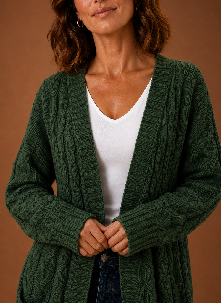 Close-up of the chunky cable knit texture in green