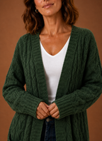 Close-up of the chunky cable knit texture in green