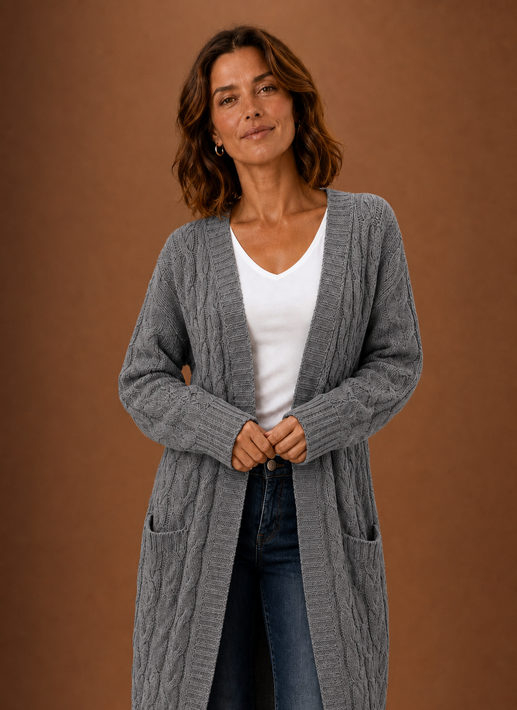 Cable Knit Cardigan Sweater for Women — Hooded Longline Knit, Deep Patch Pockets, Open Front in Grey