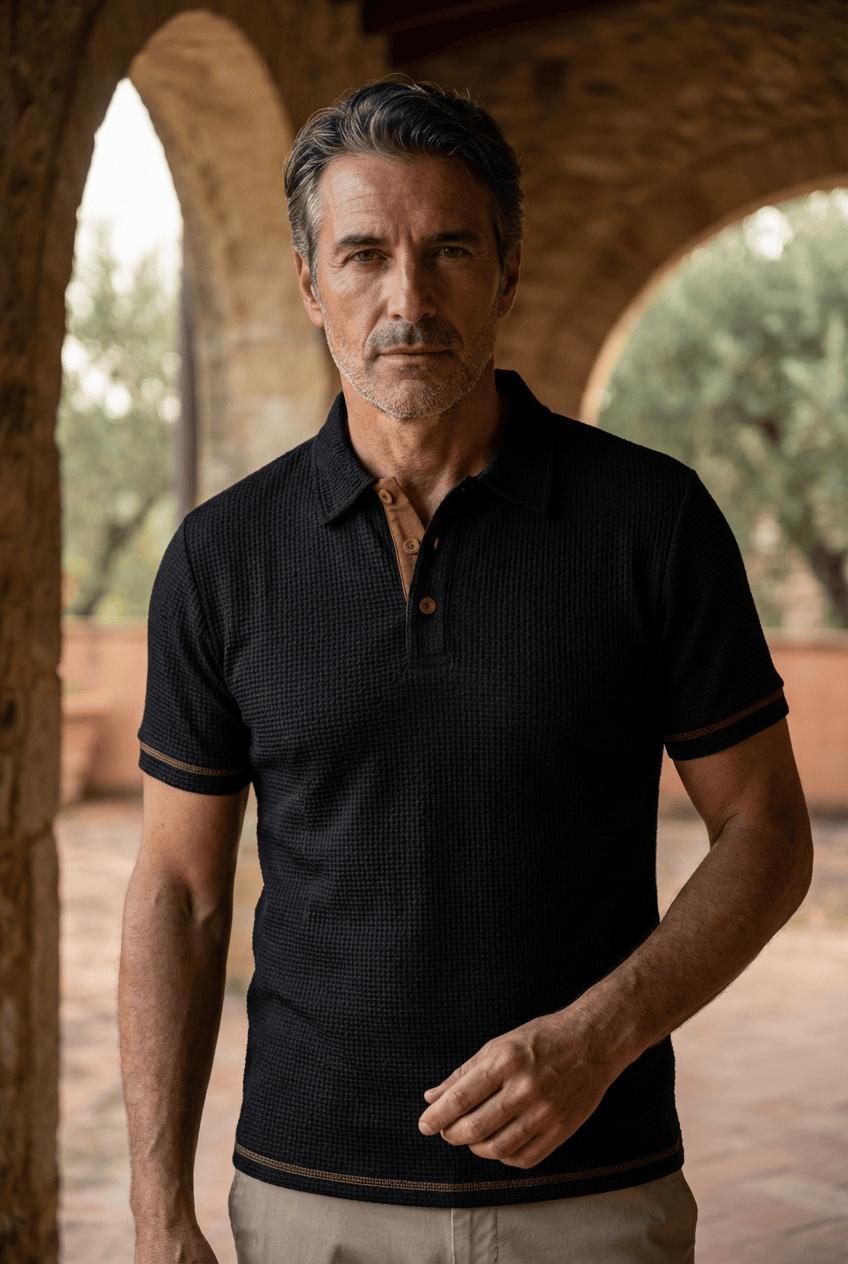 Men's knit polo shirt styled with chinos, full-length shot