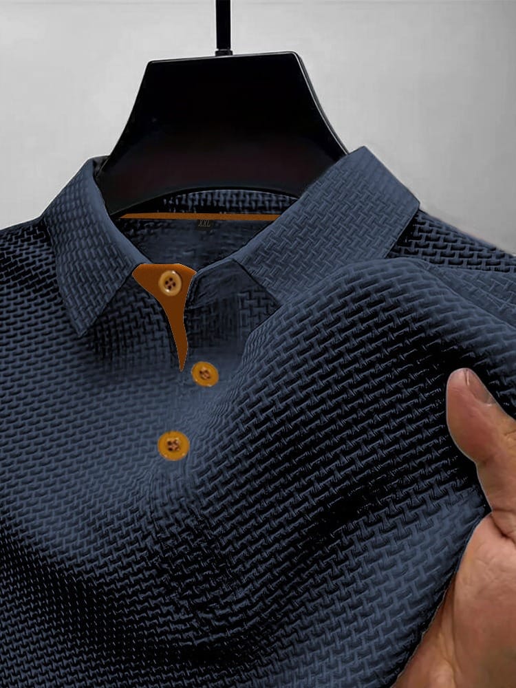 Men's knit polo shirt in dark blue, front view on model