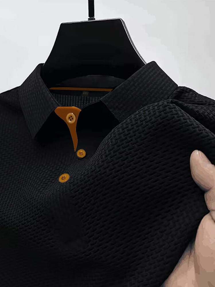 Men's knit polo shirt in black, front view on model