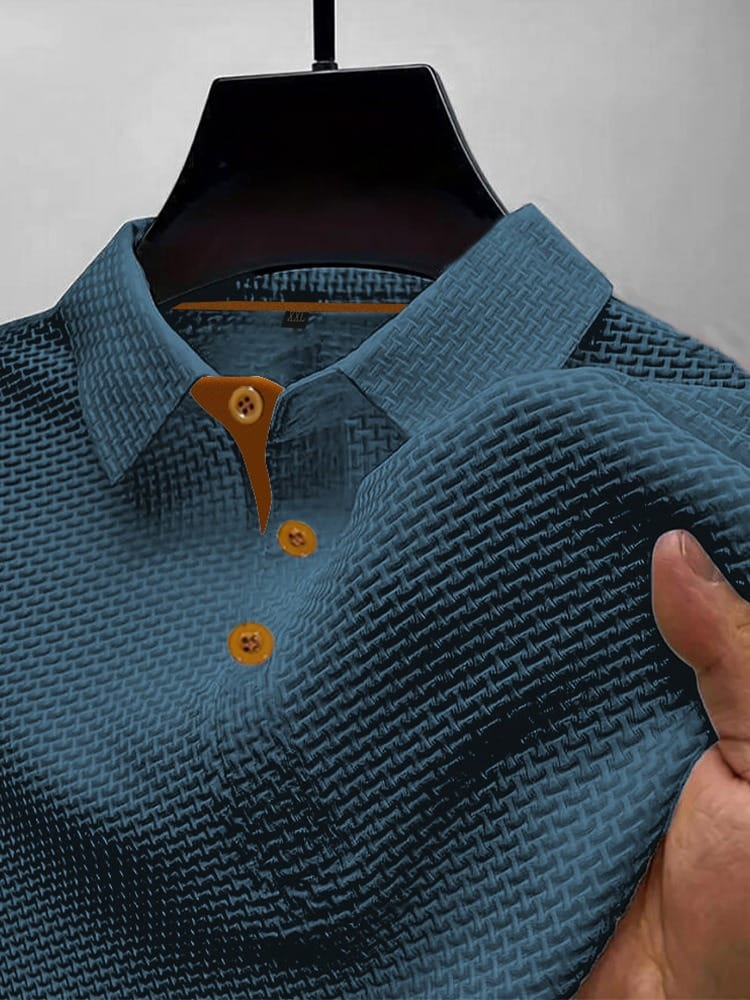 Men's knit polo shirt in blue, front view on model