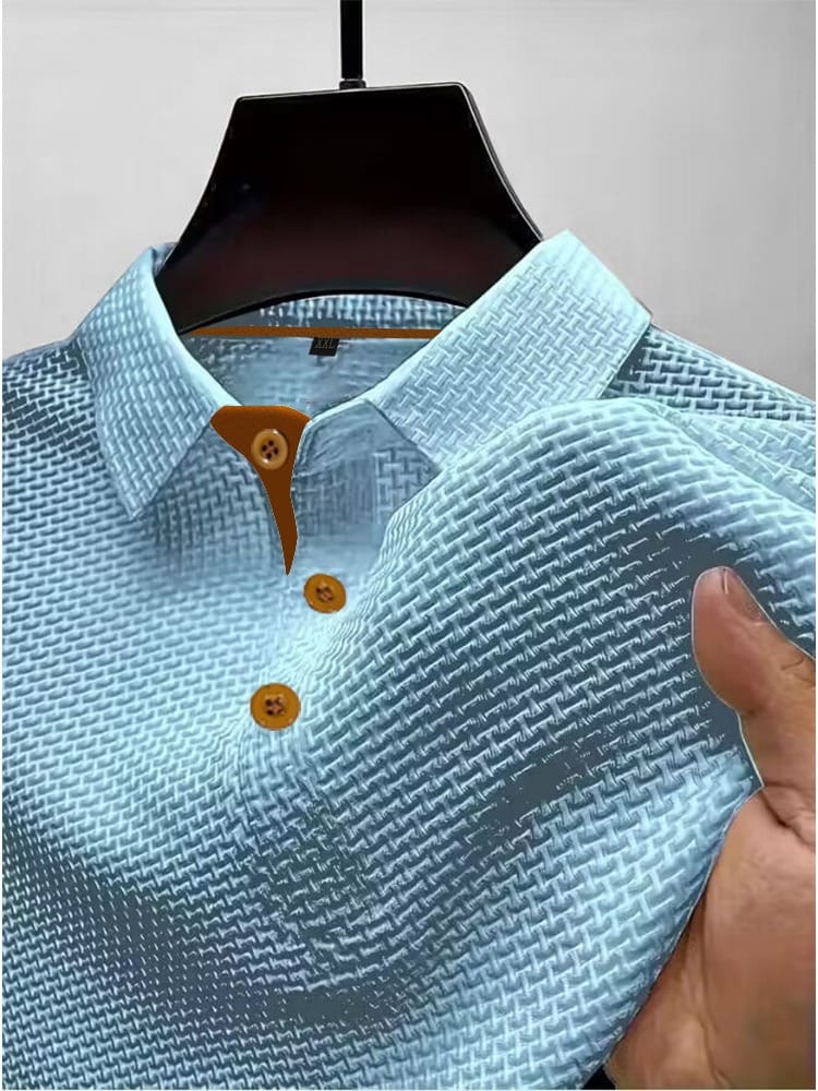 Men's knit polo shirt in light blue, front view on model