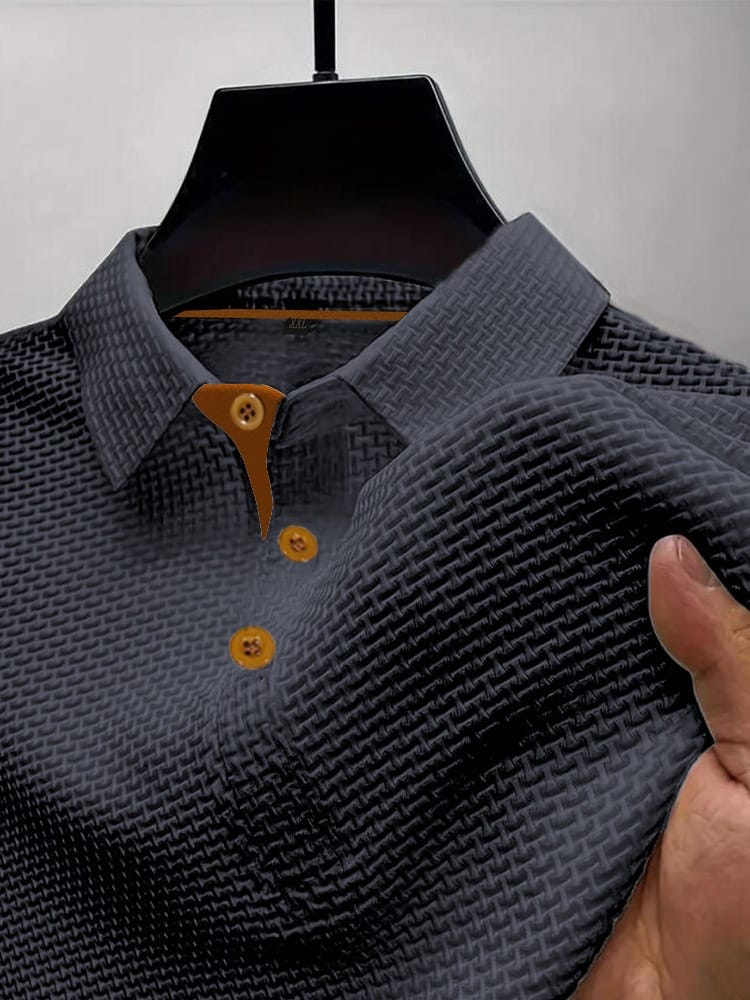 Men's knit polo shirt in dark gray, three-quarter view