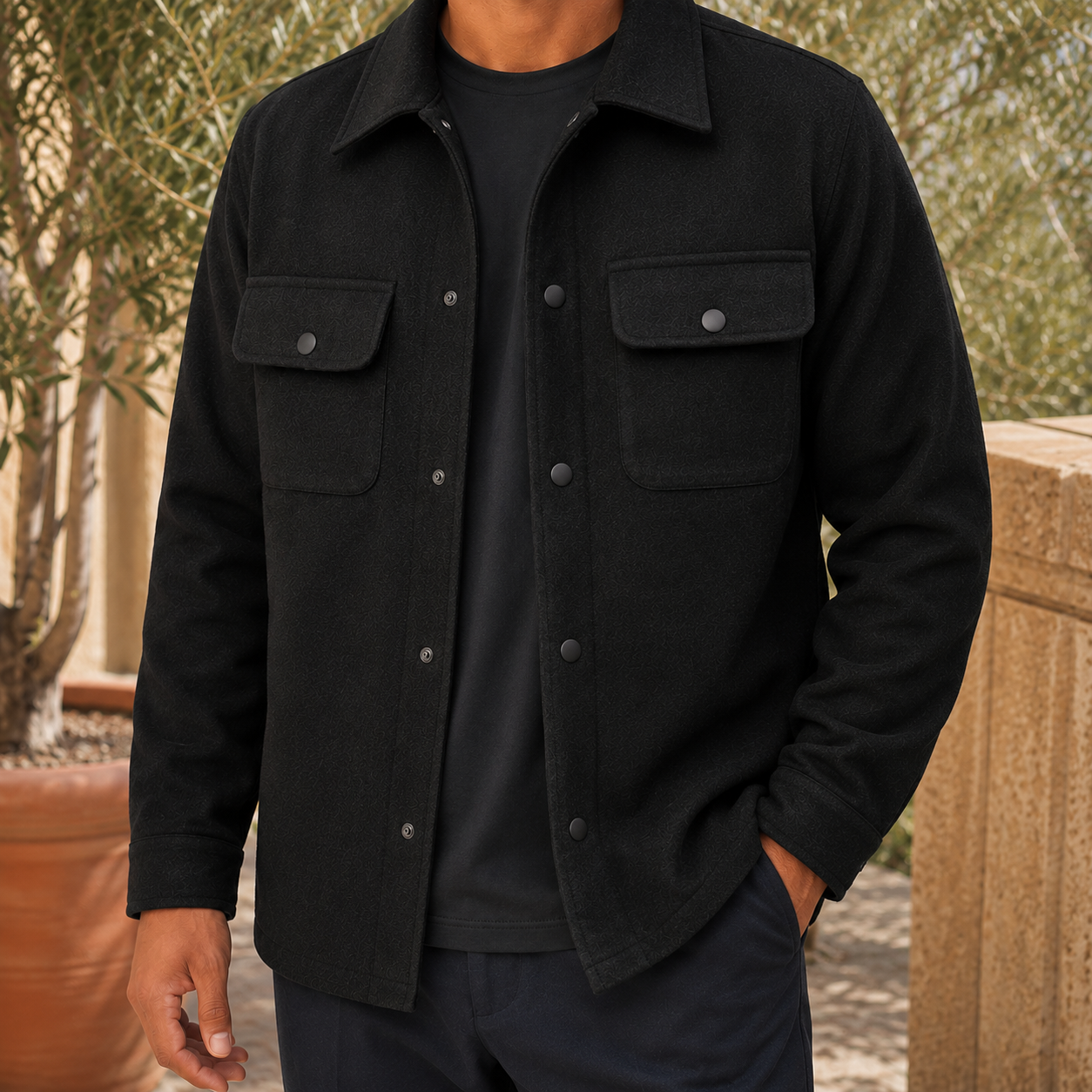 Men's utility jacket worn open over a tee, front view