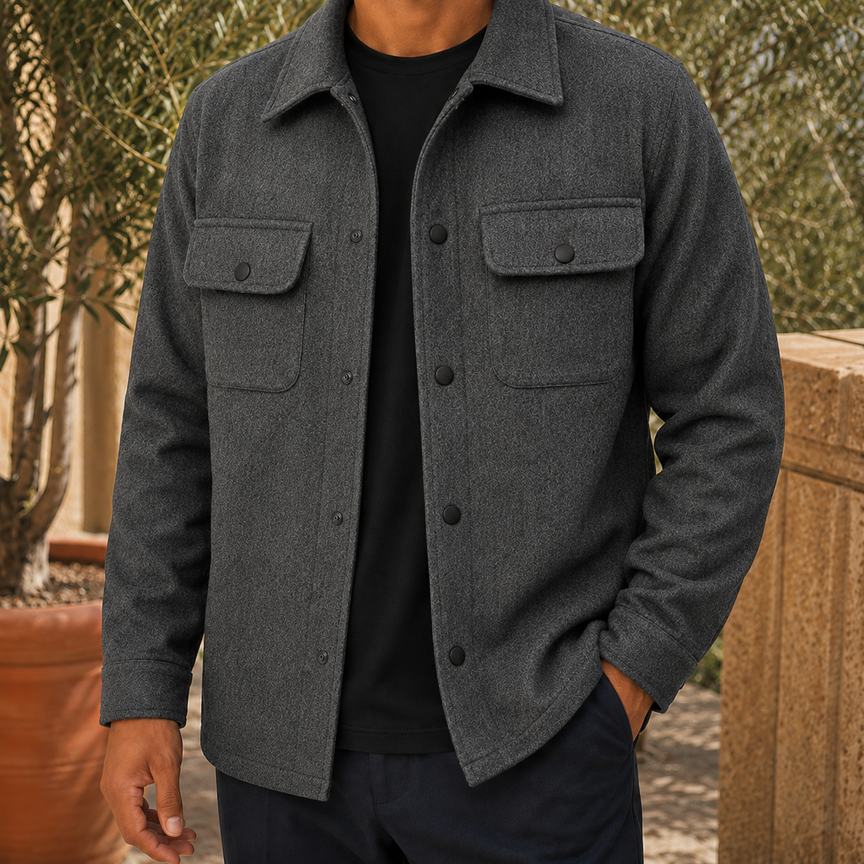 Men's utility jacket in a beige shade, three-quarter view