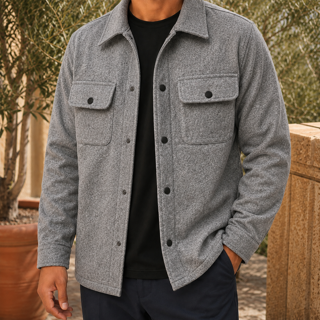 Men's utility jacket in a gray shade, front view