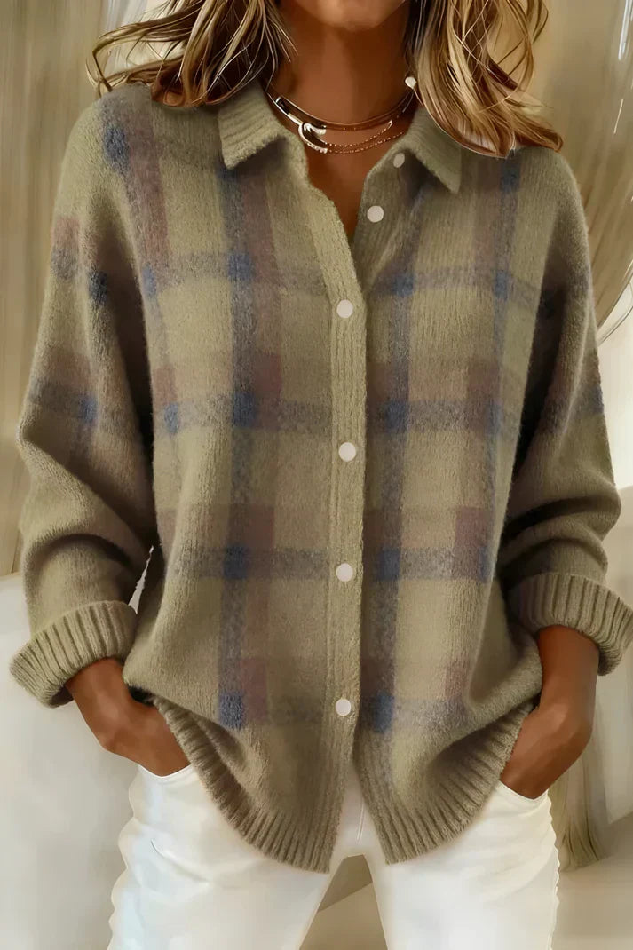 Checkered cardigan sweater in brown, shown buttoned