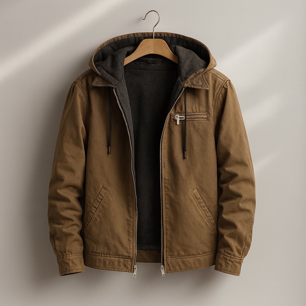 Men's sherpa lined canvas jacket in brown, front view on model