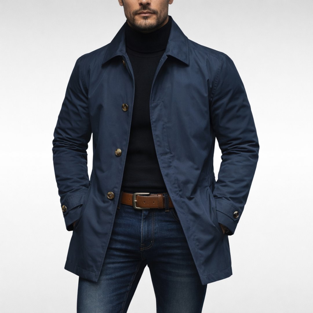 Detail of the fly front placket on the men's windproof coat