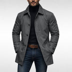 Men's weatherproof coat front view with the smooth closed front