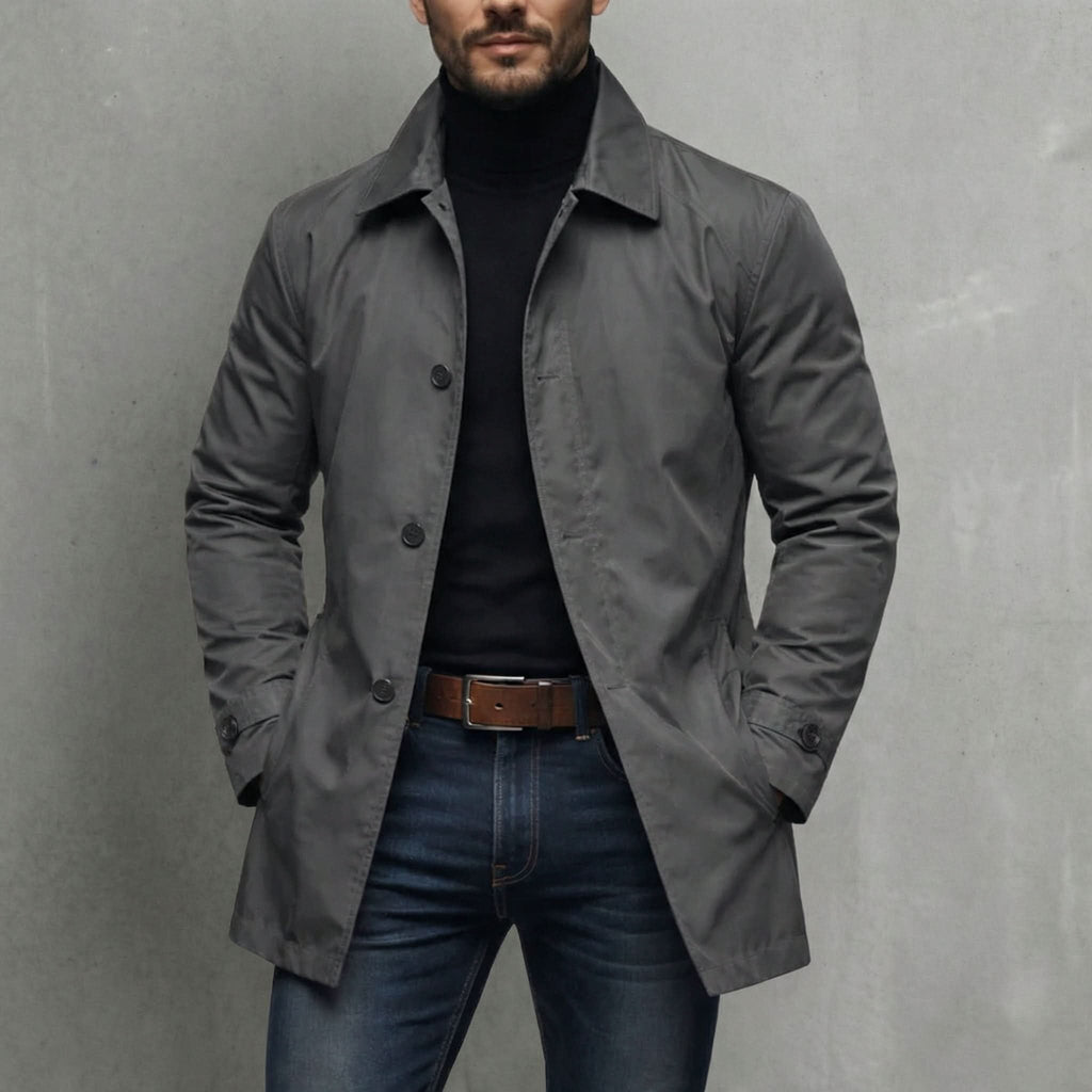 Men's windproof coat worn open over a hoodie