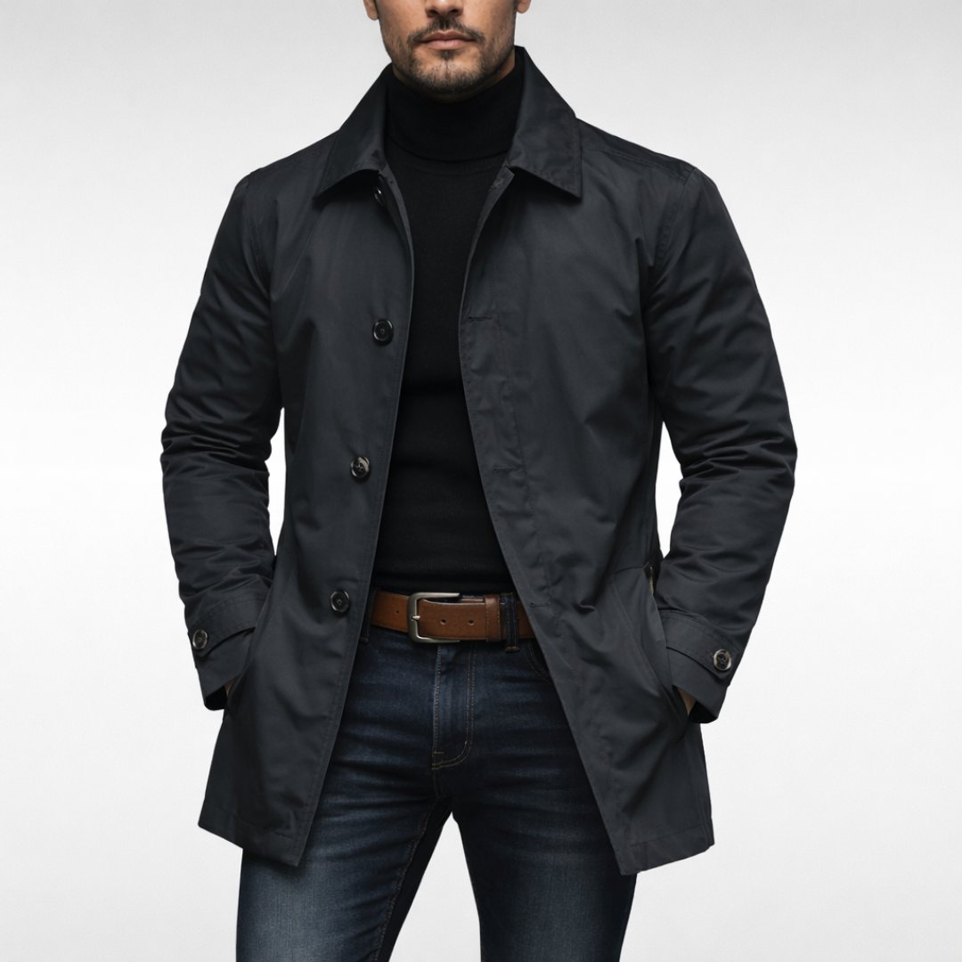 Side view of the men's windproof coat showing the relaxed fit