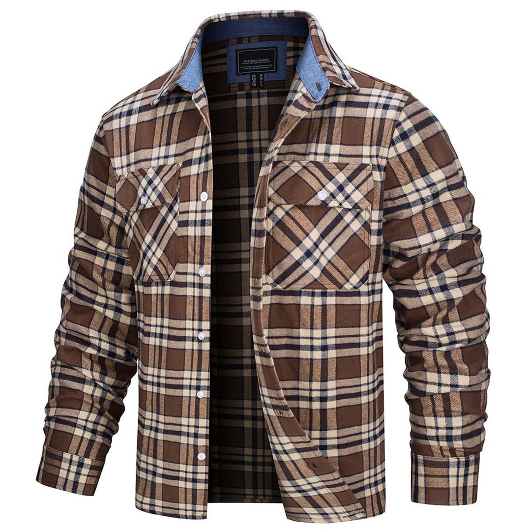 Men's Flannel Shirt — 100% Cotton Plaid, Long Sleeve, Button Front in Brown
