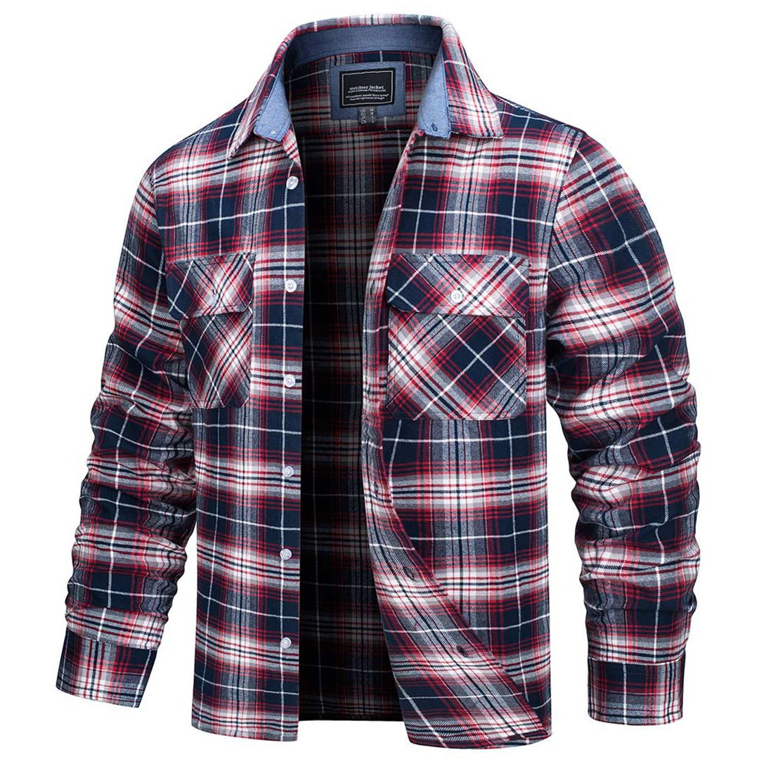 Men's Flannel Shirt — 100% Cotton Plaid, Long Sleeve, Button Front in Red White