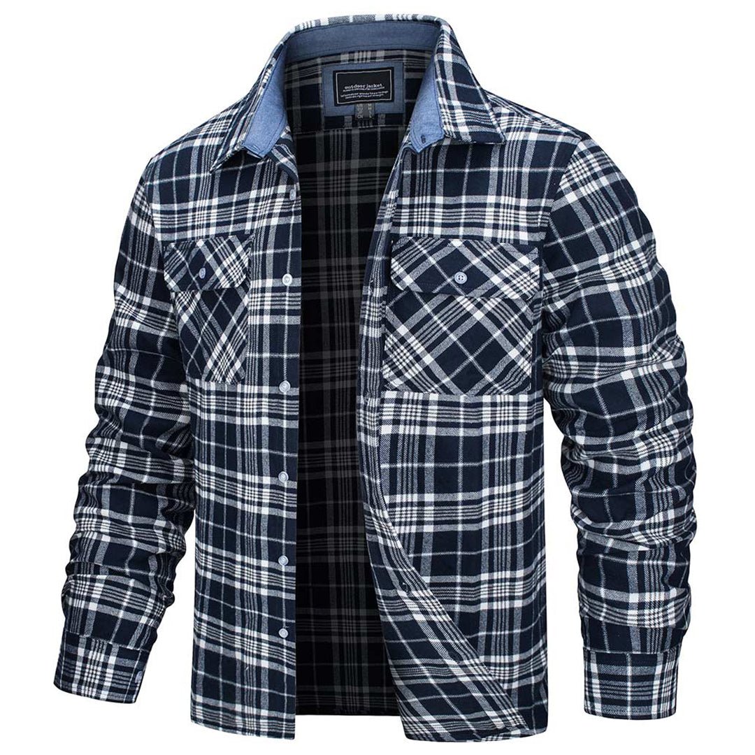 Men's Flannel Shirt — 100% Cotton Plaid, Long Sleeve, Button Front in Navy