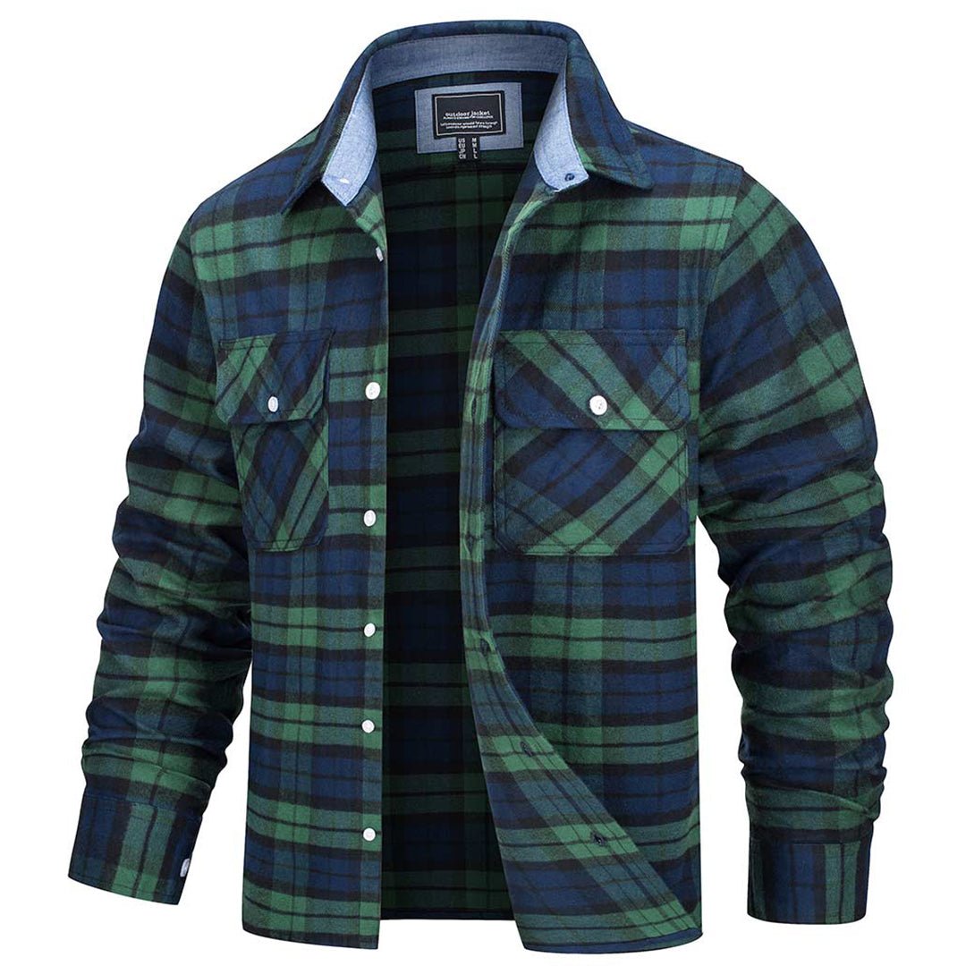 Men's Flannel Shirt — 100% Cotton Plaid, Long Sleeve, Button Front in Green