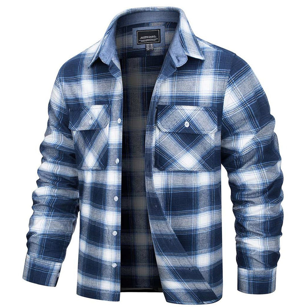 Men's cotton flannel plaid shirt worn open as a lightweight layer