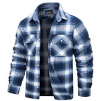 Men's cotton flannel plaid shirt worn open as a lightweight layer