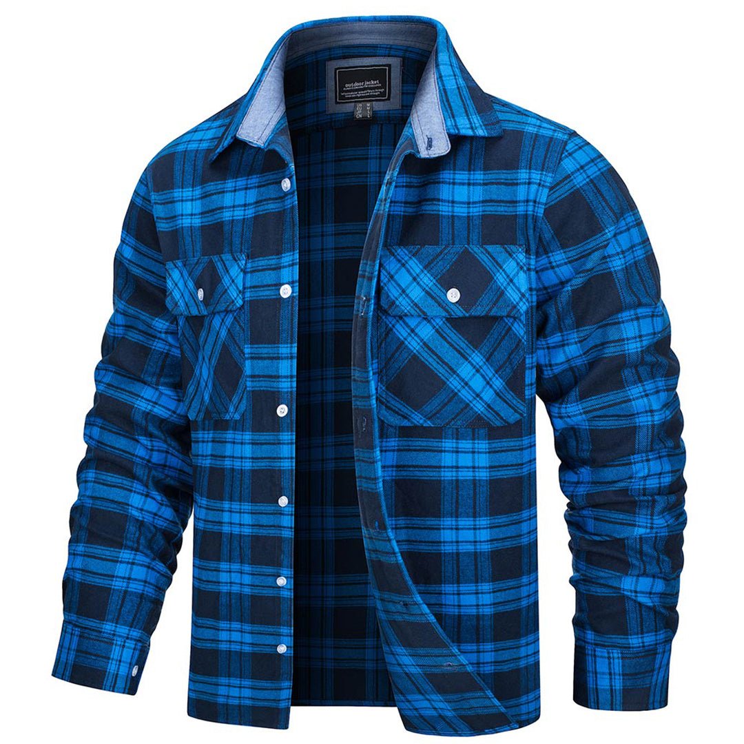 Men's Flannel Shirt — 100% Cotton Plaid, Long Sleeve, Button Front in Blue