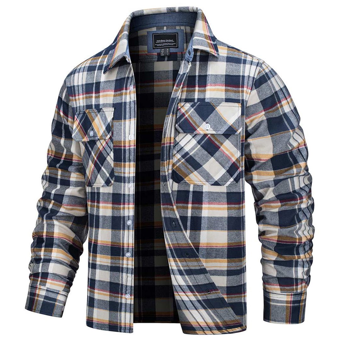 Men's cotton flannel plaid shirt laid flat to show the full plaid pattern