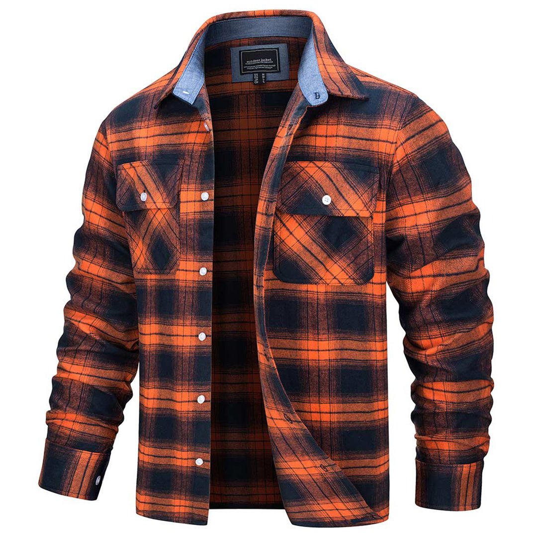 Men's Flannel Shirt — 100% Cotton Plaid, Long Sleeve, Button Front in Orange